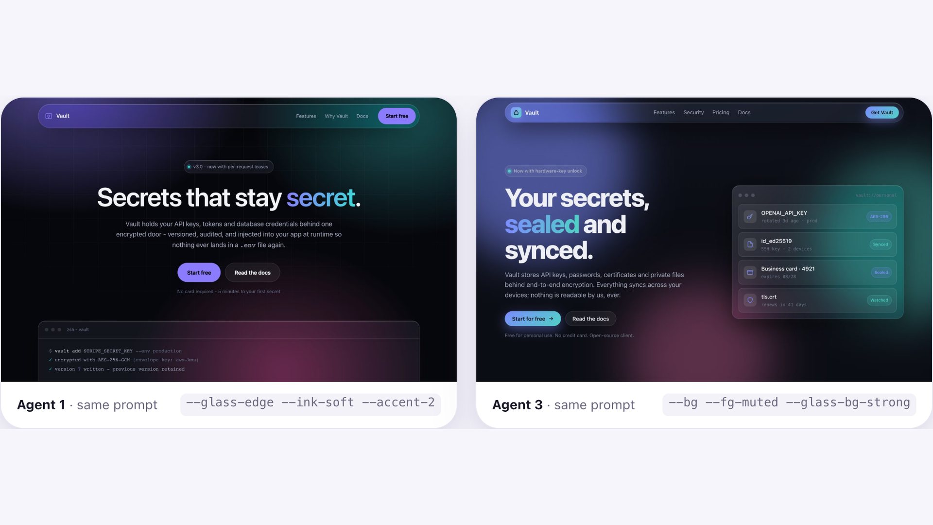 Two landing pages built by two agents from the same prompt, side by side